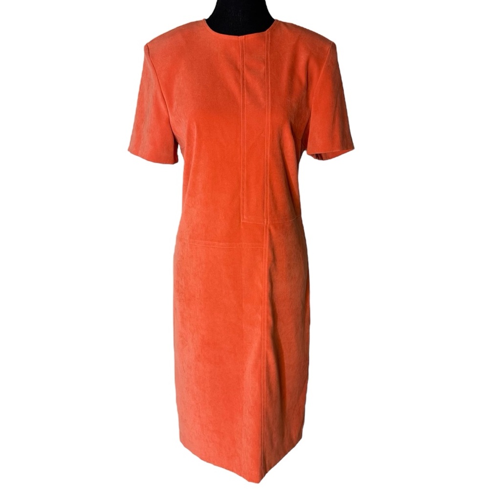 JOLIBEL Vintage Microsuede Coral Orange Midi Dress Mod Geo Short Sleeve Medium